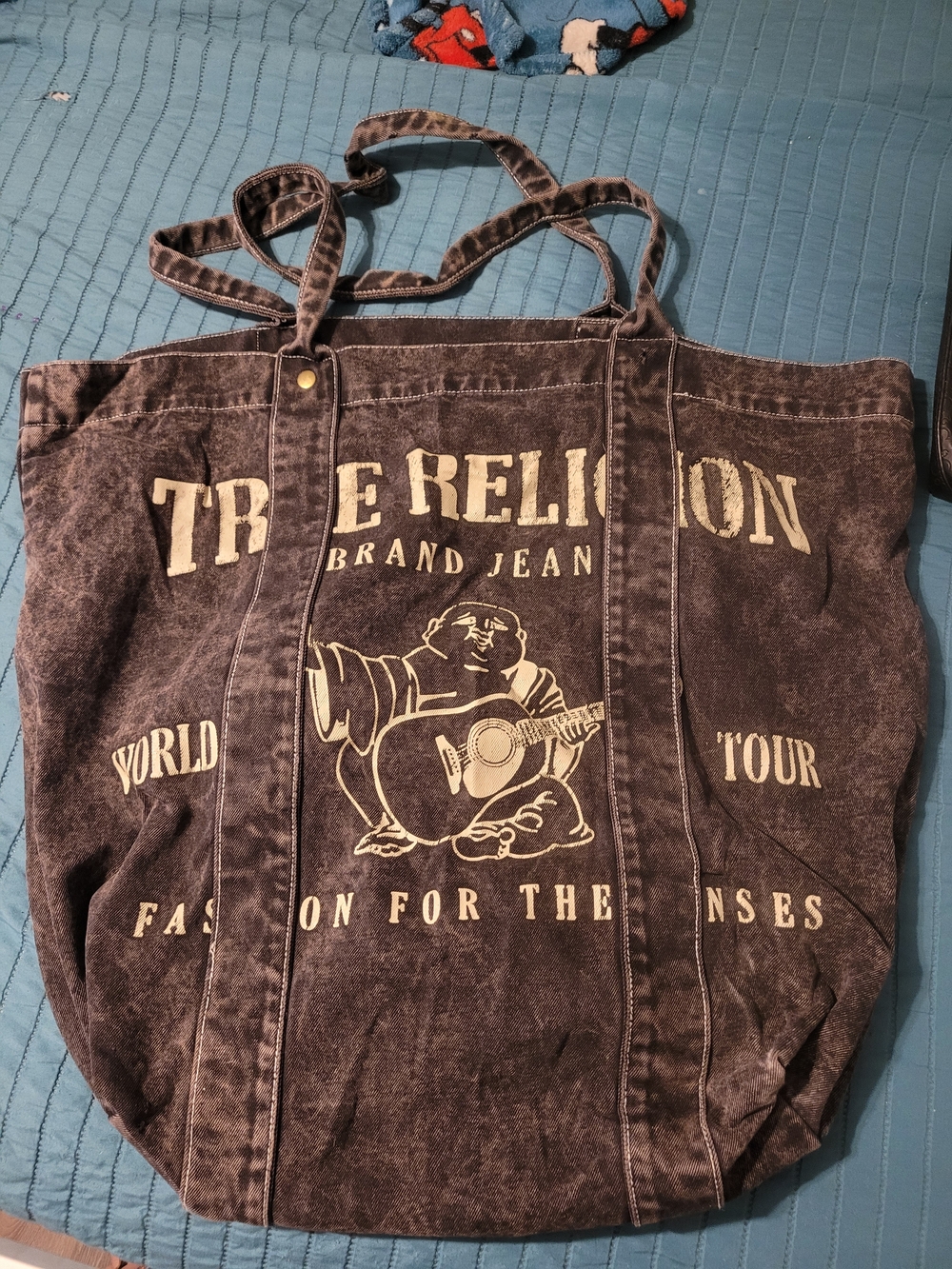 True Religion Black Washed Graphic Denim Large Tote
